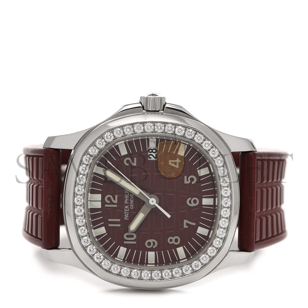 PATEK PHILIPPE STAINLESS STEEL RUBBER DIAMOND 37MM AQUANAUT QUARTZ WATCH BURGUNDY 5067A-010